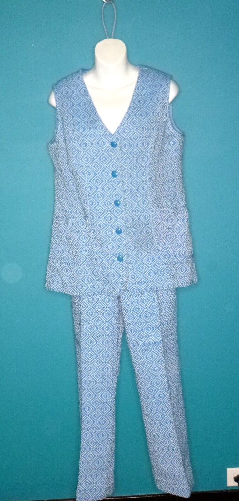 Vtg 60s 70s Acrylic « Wool » Vest & Pants Blue White Diamond Pattern Sz M
