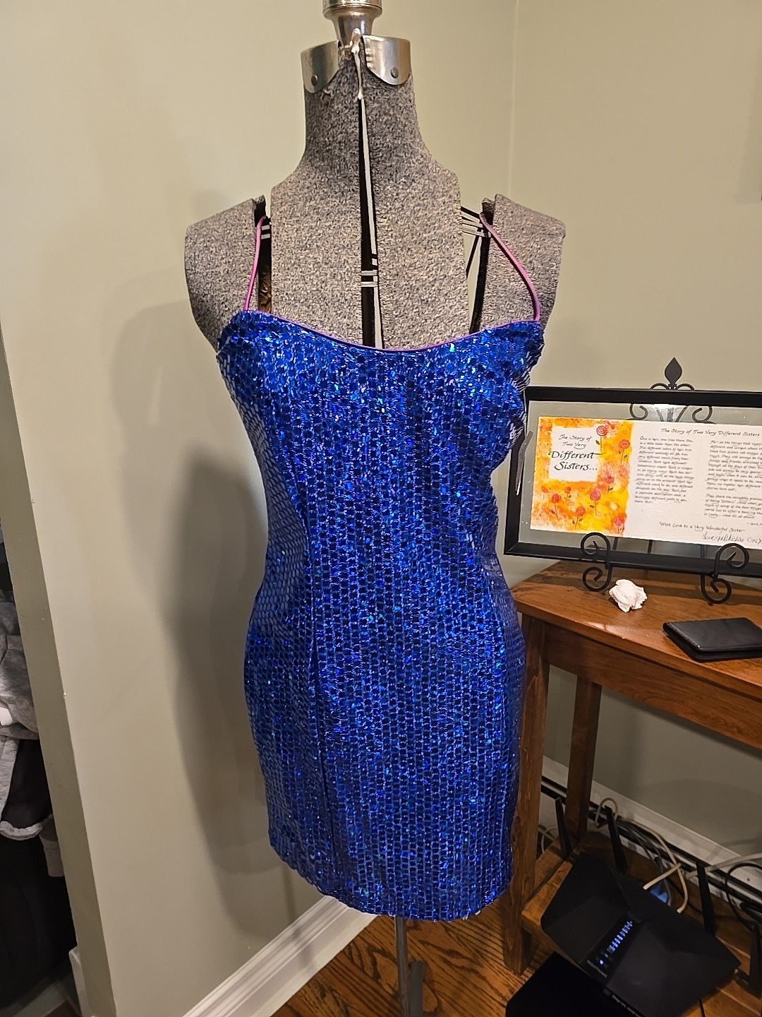 Vintage 90s LA GLO dress GANTOS Blue Sequins Size 7 Zipper Close