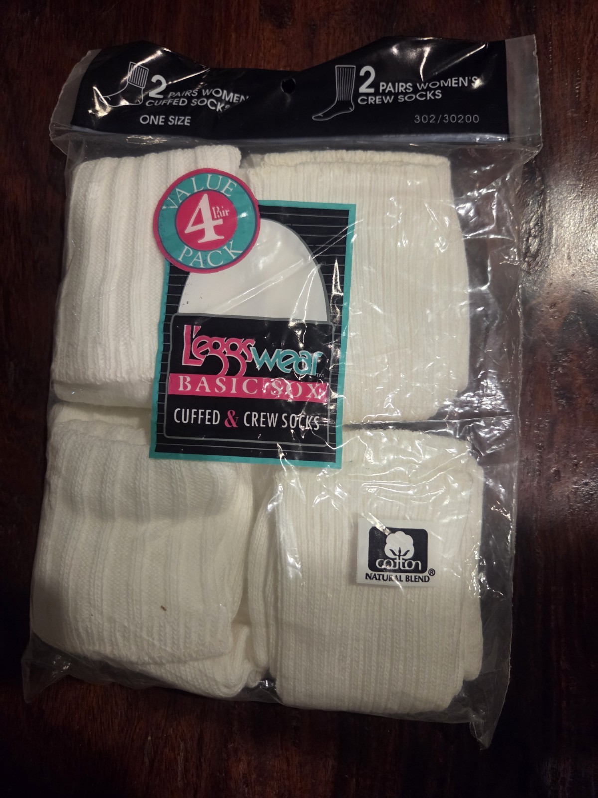 NOS Vtg Leggs Wear Basic Sox 2 Cuffed & 2 Crew Socks One Size 4 Pair Total USA