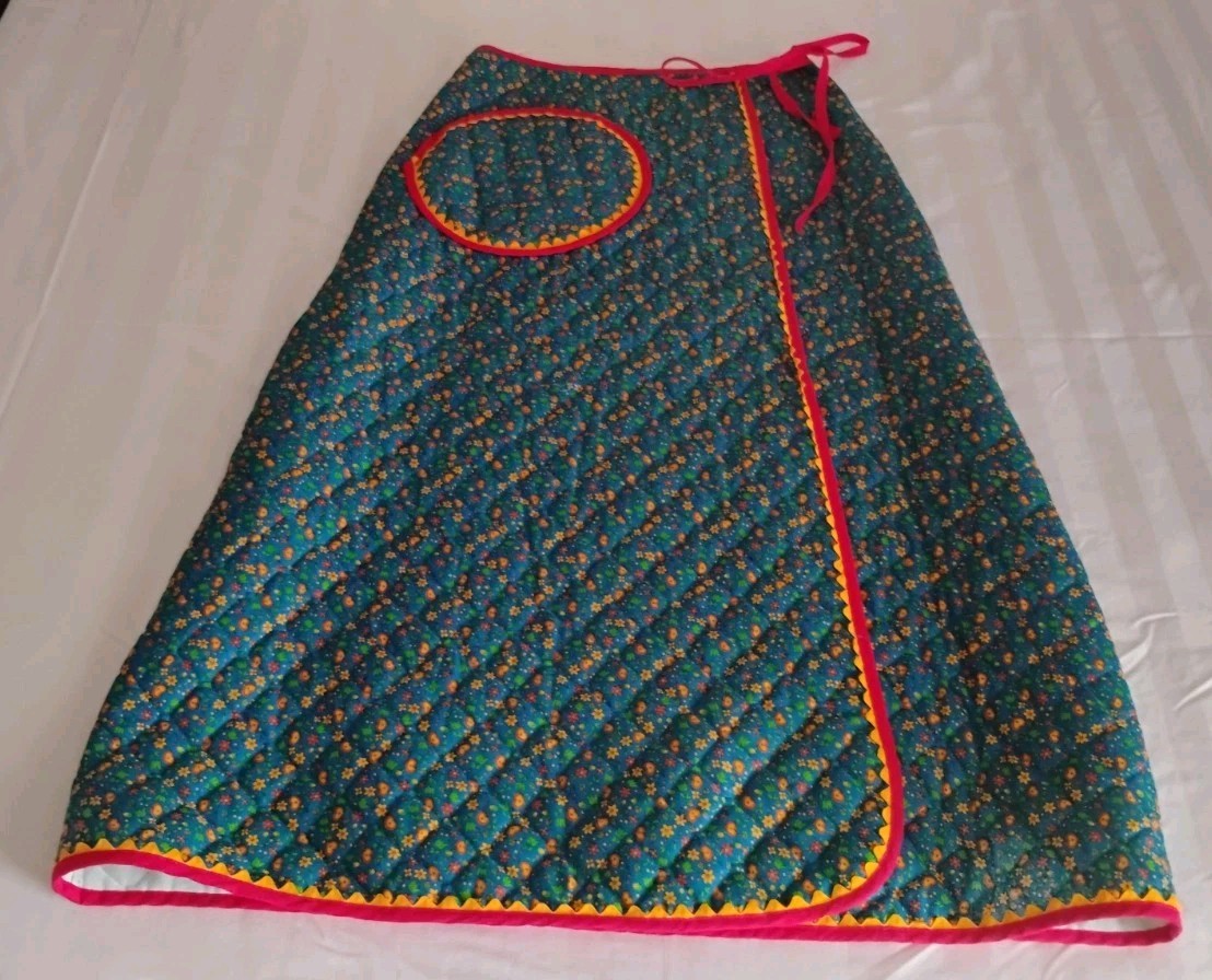 VTG 70s Retro Floral Quilted Maxi Wrap Skirt Flower Power Boho Hippie Lg Pocket