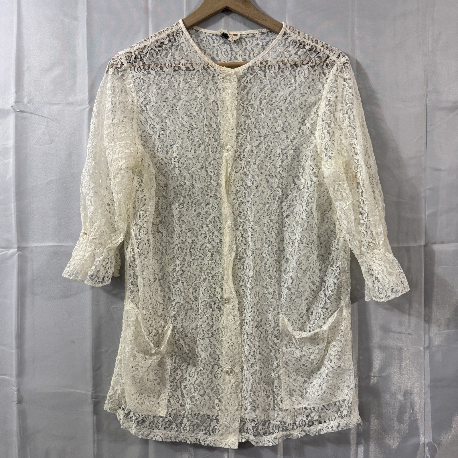 Vtg 60s Miami Originals Lace Jacket Sheer M/L Ivory Boho Fairycore Prairie