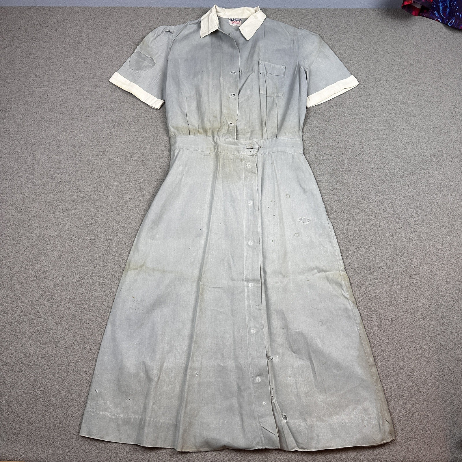 Vintage 1920s 30s Bob Evans Uniform Maid Sanforized Cotton Dress Gray Repairs