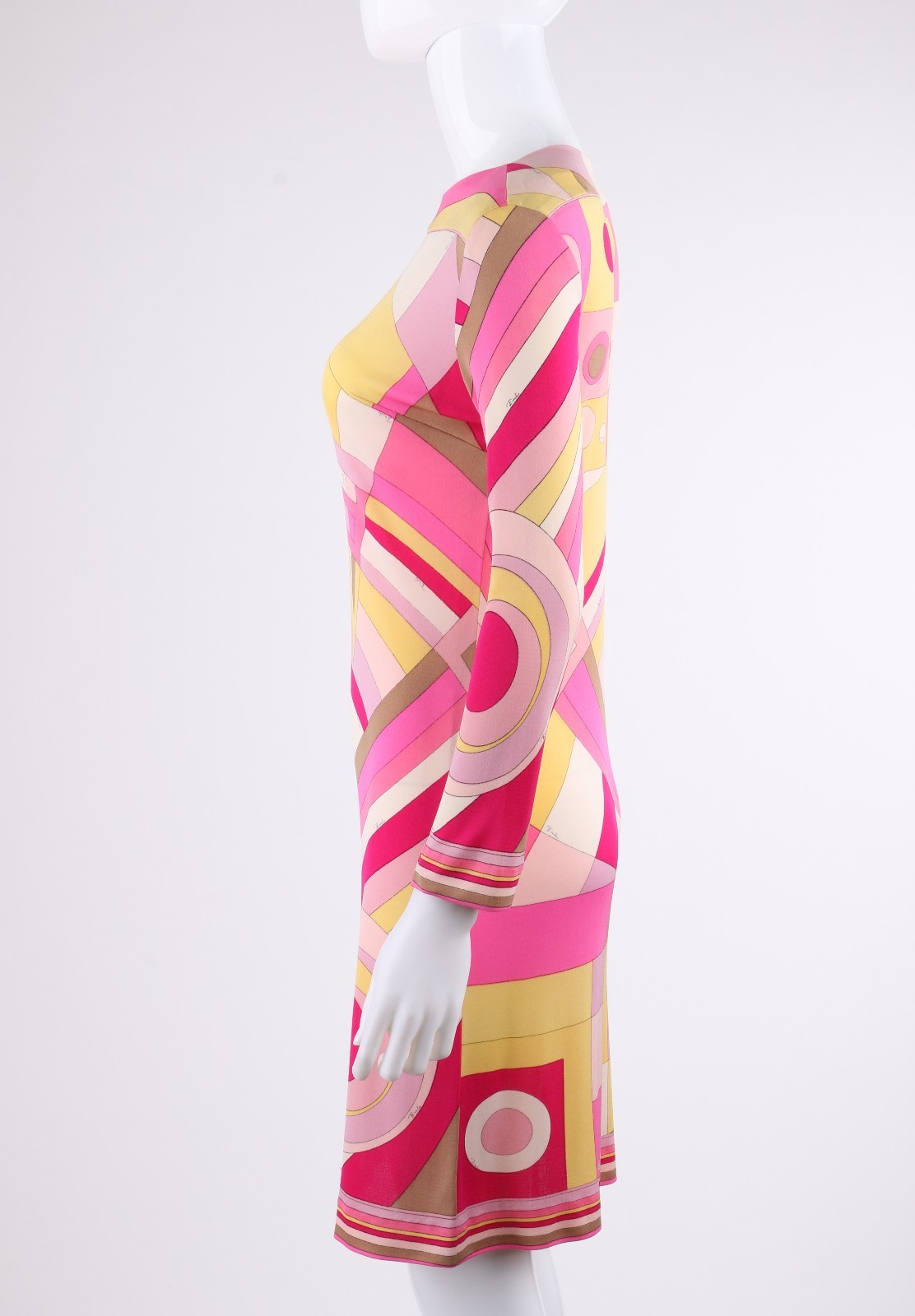 EMILIO PUCCI c.1968 Pink Multicolor Op Art Signature Print Silk Shift Dress