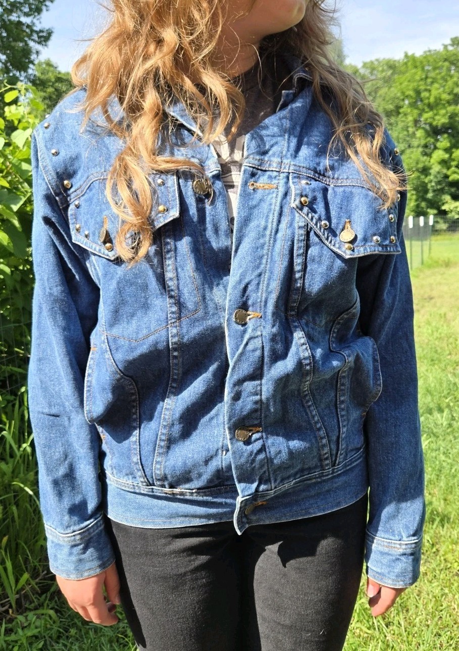 Vtg Denim Trucker Jacket Hand Painted PARTY ANIMAL Rat Studded ANZANI Sz S RARE!