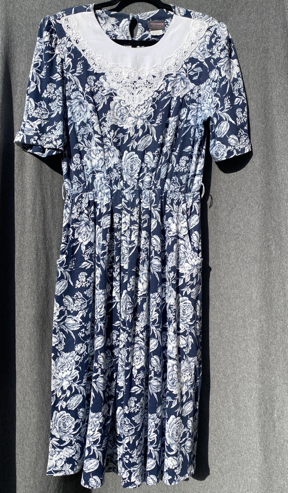 90’s Vintage Cottagecore Dress Sz16 Blue White Floral Lace Collar Tina Barrie