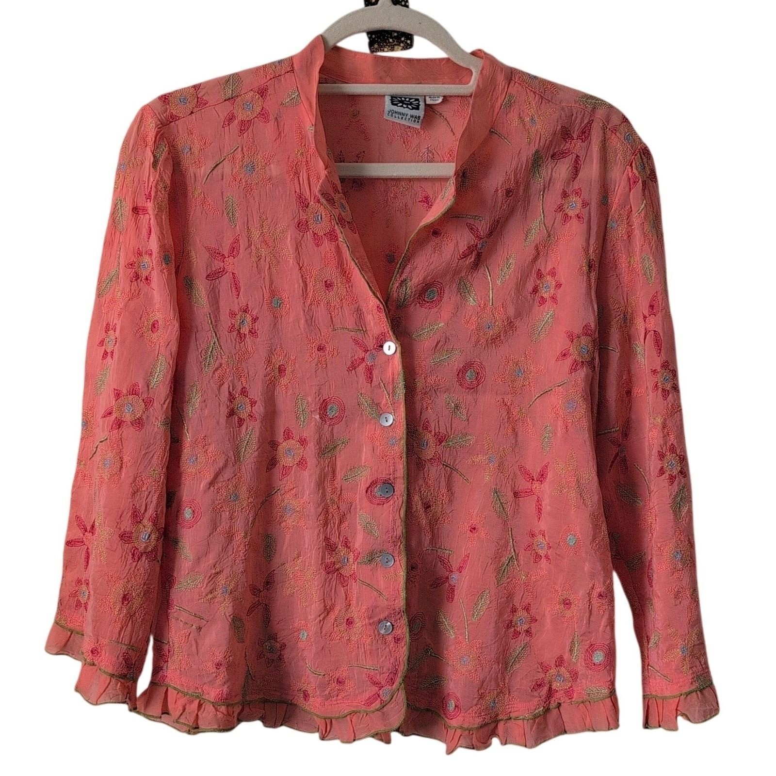 Vintage Johnny Was Collection Small Top Embroidery Flowers Pink Ruffle Bohemian