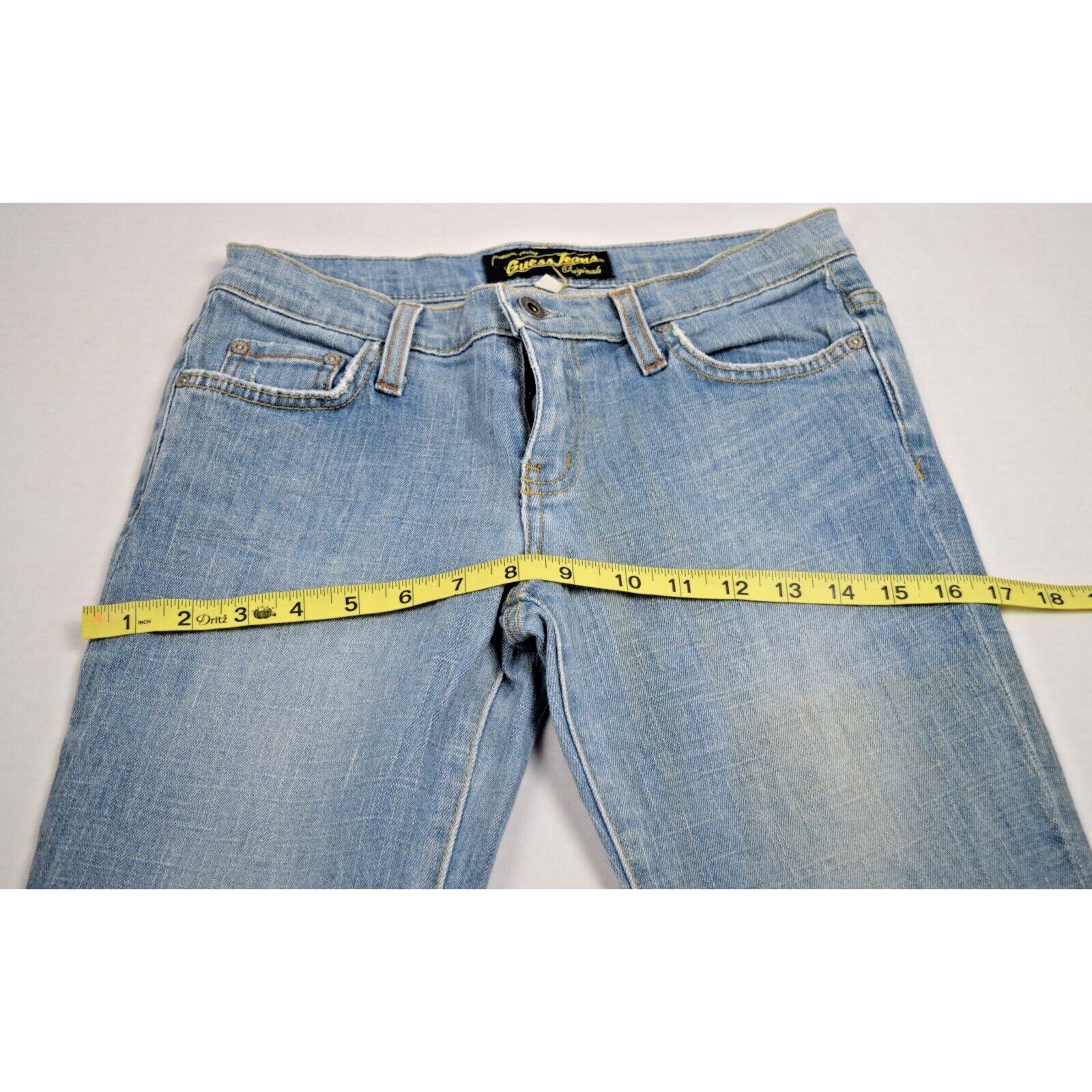 Vintage Guess Jeans Size 26 x 31.5 90s Light Blue Fade Low Rise Flare Made USA