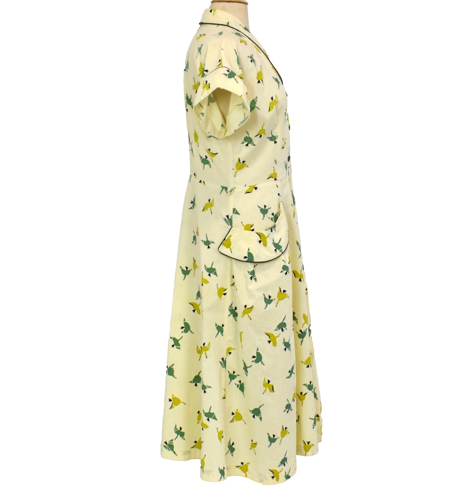 Vtg 40- 50s Day Dress/House Dress Butter Yellow Novelty Bird Print Geese L