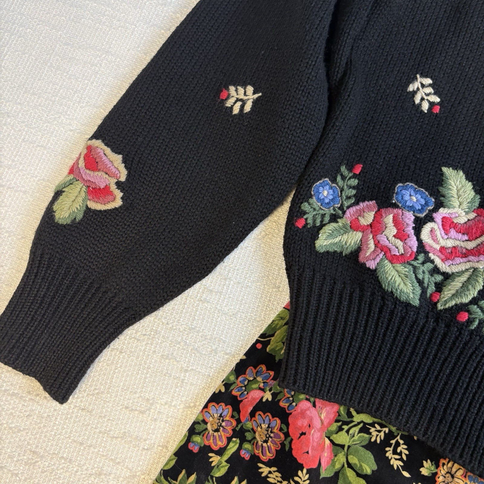 Vintage Herman Geist Hand Embroidered Cardigan & Velveteen Floral Skirt Set M