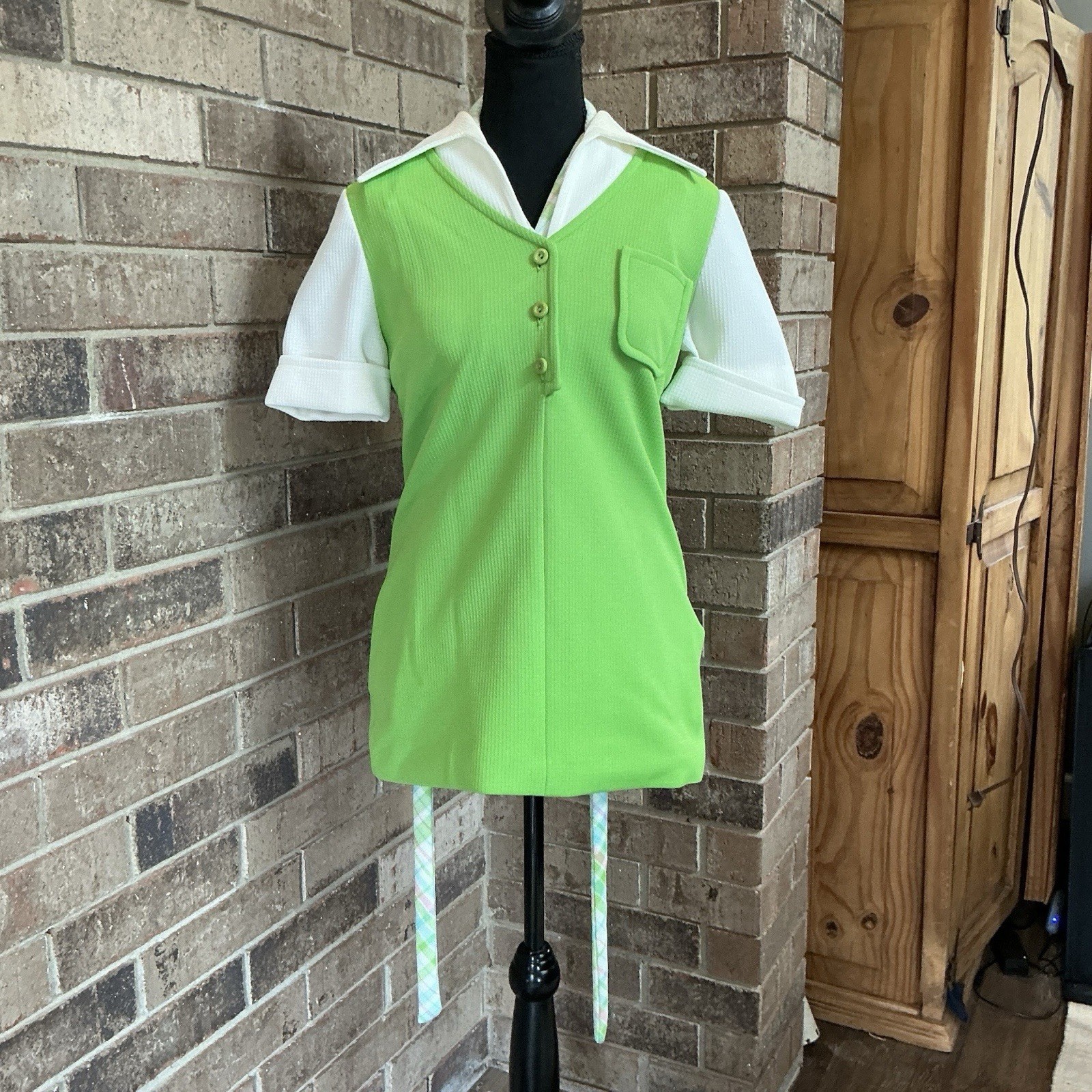 70s VINTAGE James Kenrob Dalton Lime Plaid 3-Pc Top Vest Pants Set Size S #28D8