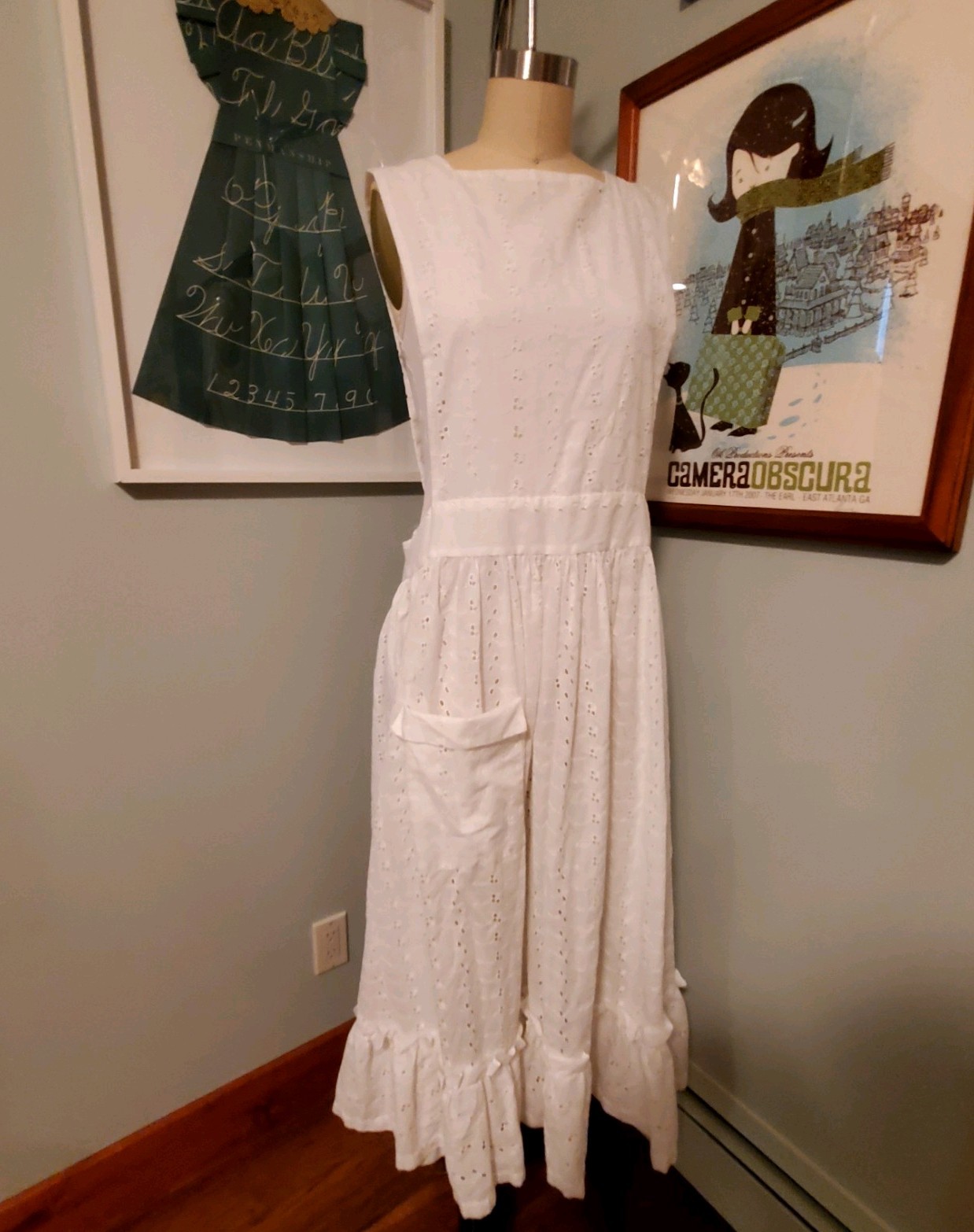 Vintage Home-made White Cotton Eyelet Pinafore Dress/Ankle Length Apron