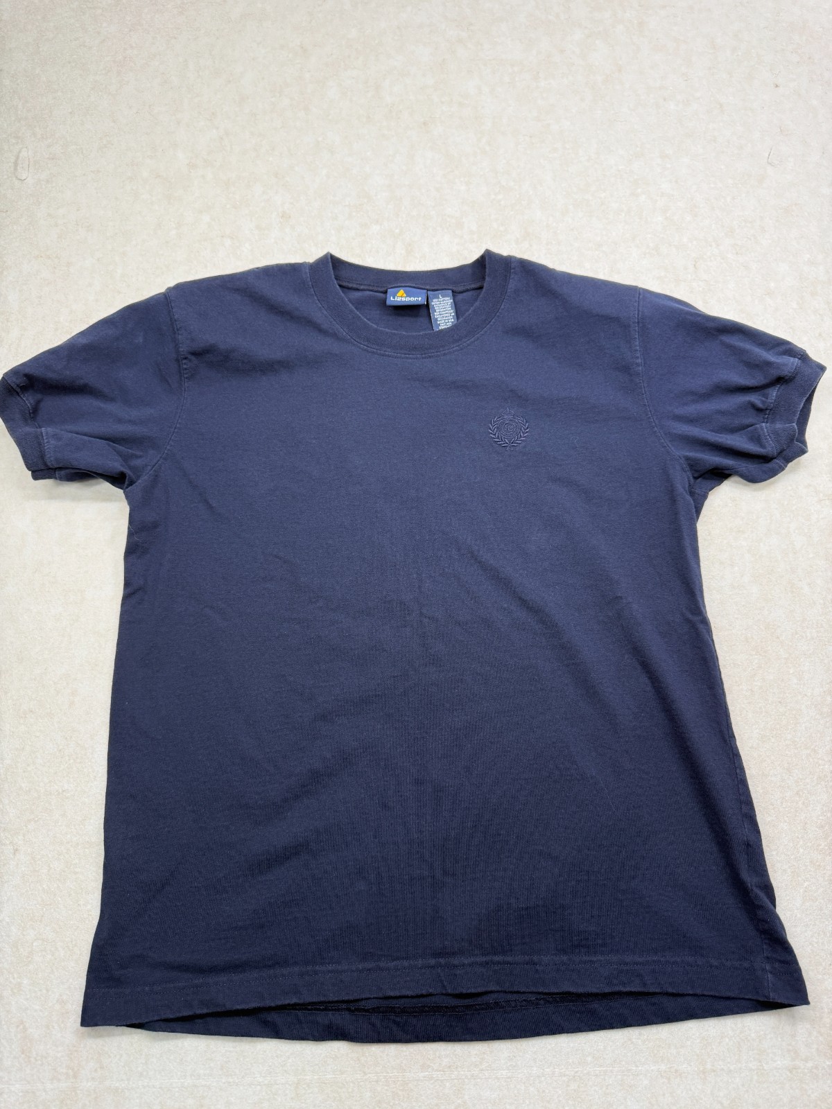 Lizsport Navy Blue Short Sleeve T-Shirt Size L Crew Neck Shoulder Pads Vintage
