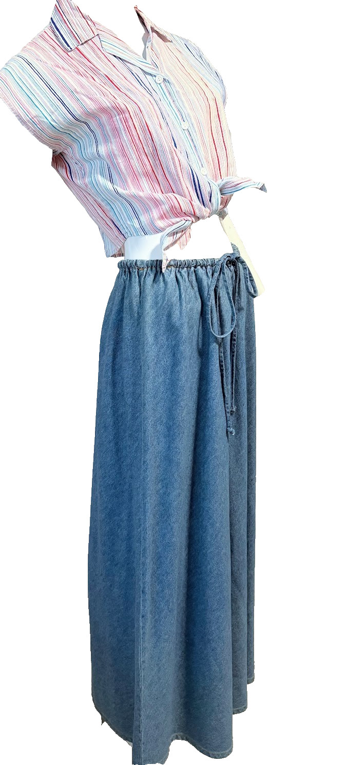 90&rsquo;s Boho Festival Grunge lightweight Denim cotton Drawstring MAXI SKIRT M USA