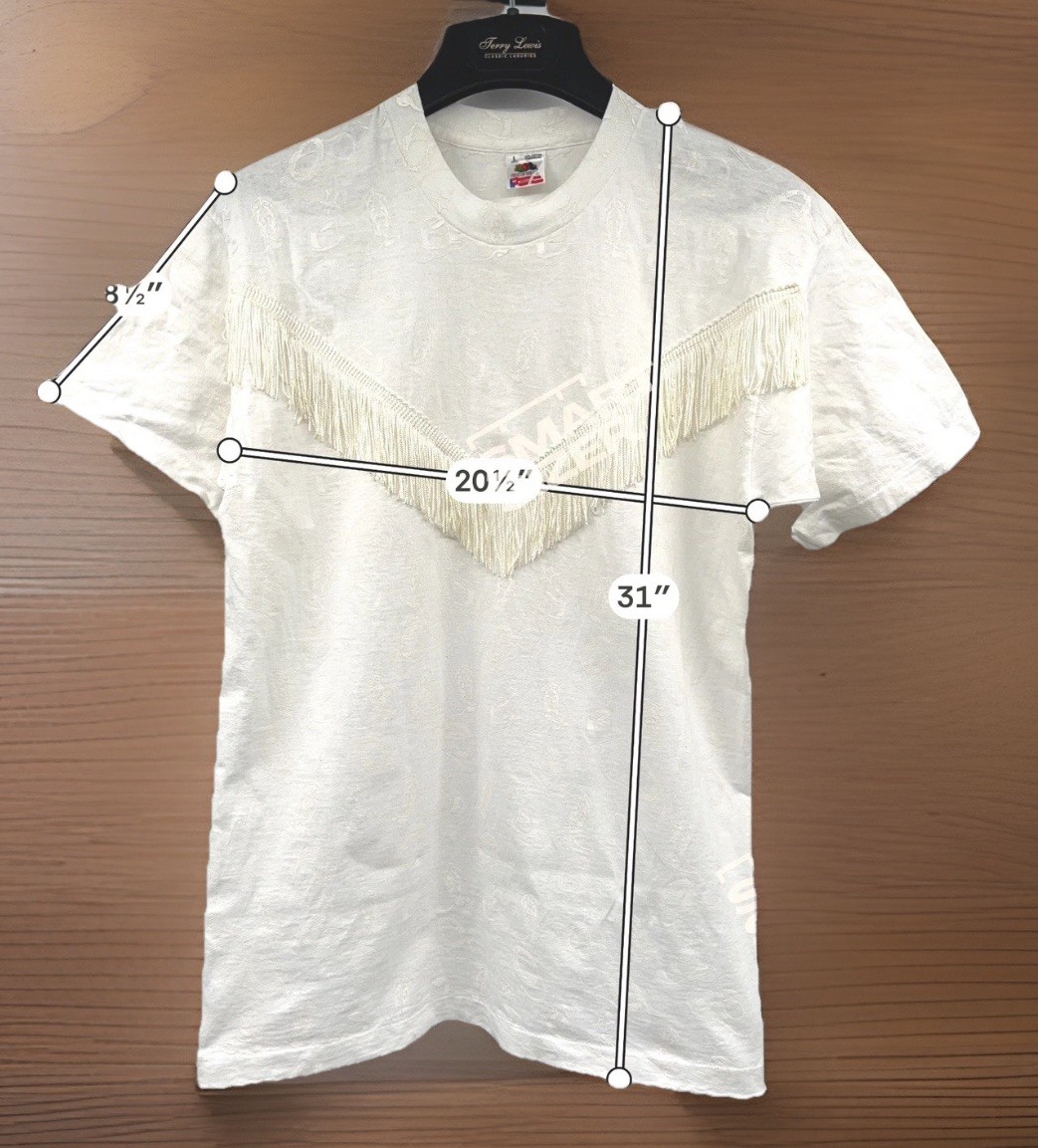 Womens Vtg 90s Western Fringe T-Shirt White Embossed Cowgirl Fruit of the Loom
