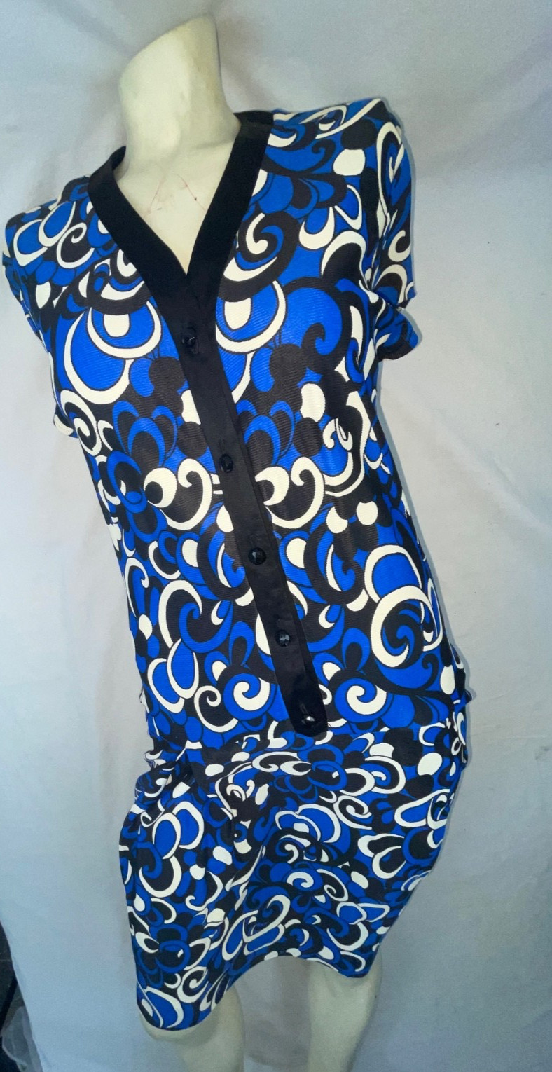 VTG 60s 70s WOMENS S BERKSHIRE BLUE GEOMETRIC DISCO RETRO BUTTON PARTY DRESS