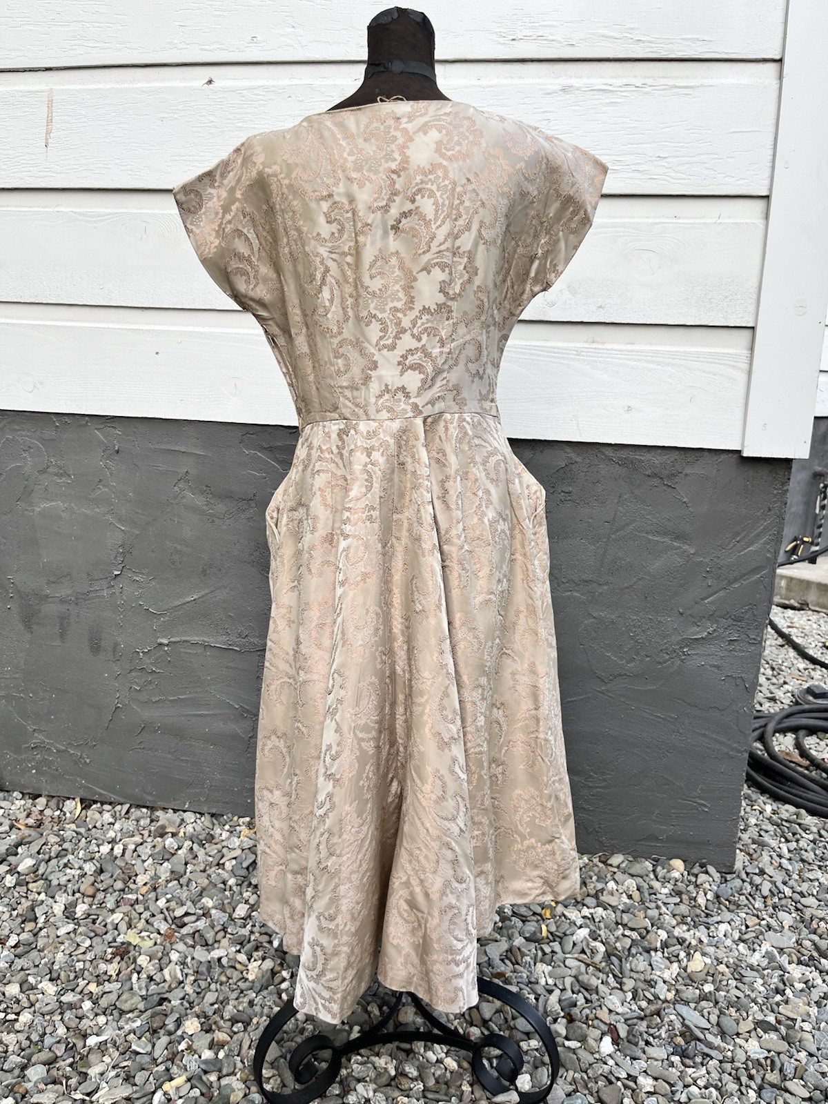 VTG 1950s Brocade Jacquard Rhinestone Cocktail Dress Hollywood Glam 31” Waist