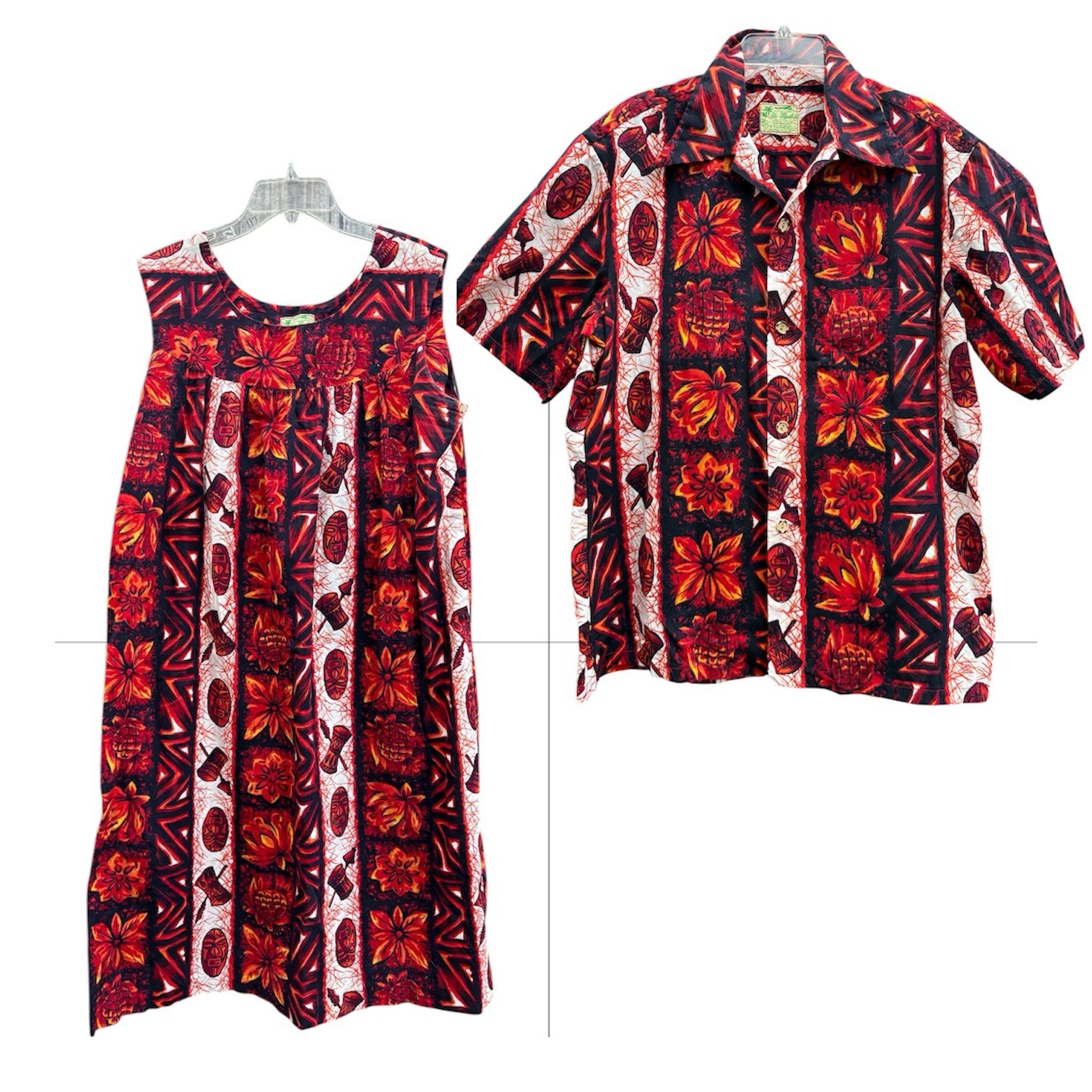 Vintage 60s Ui Makai Hawaiian Honeymoon Set Dress & Men&rsquo;s Shirt