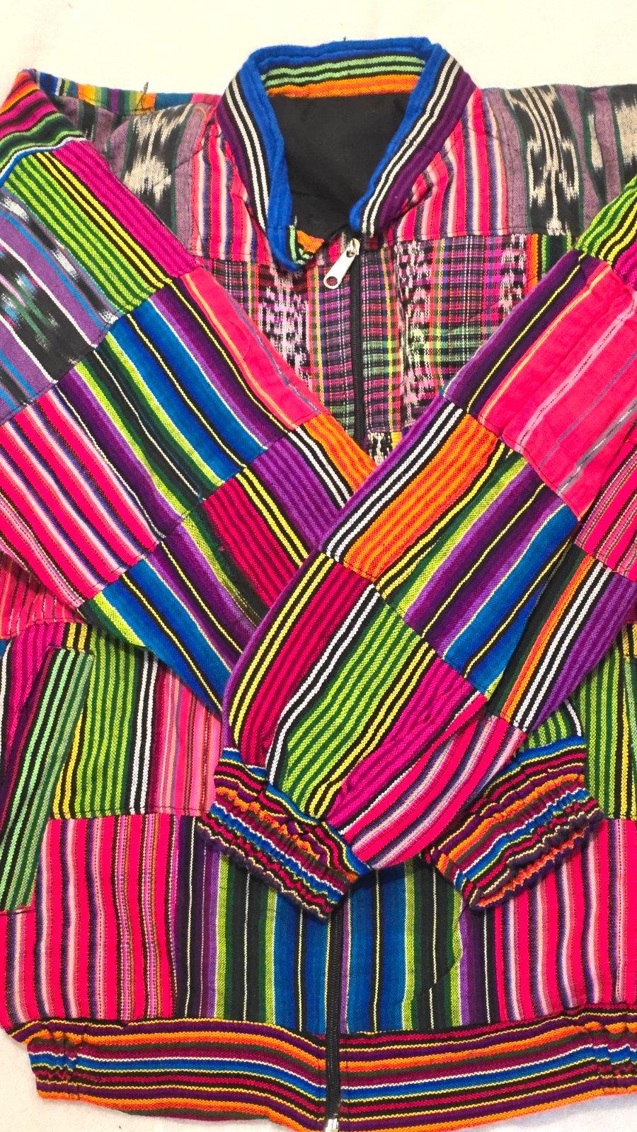 Huipil Strip Guatemala Hippie Patchwork Festival Woven Zip Bomber Jacket VTG 90s