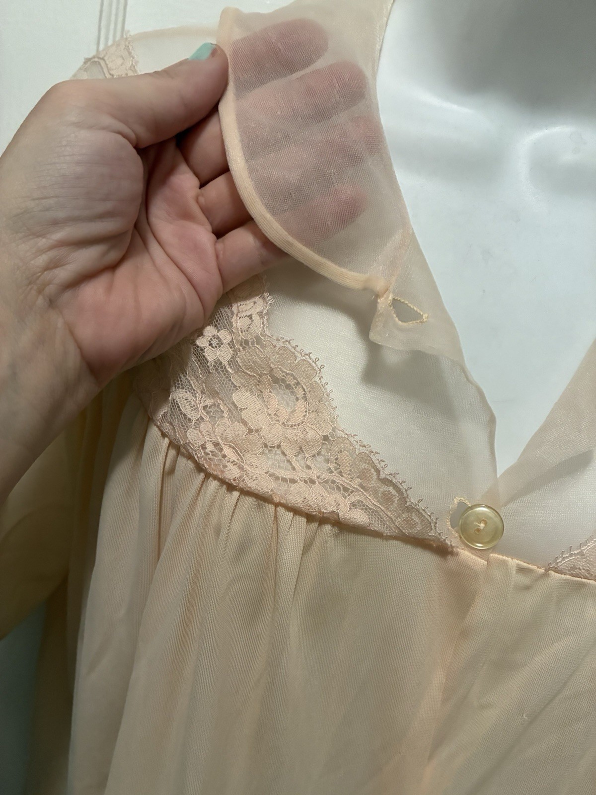 Vintage Pink Collar Peignoir Robe ONLY Dainty 100% Nylon Inset Lace XL 14 16