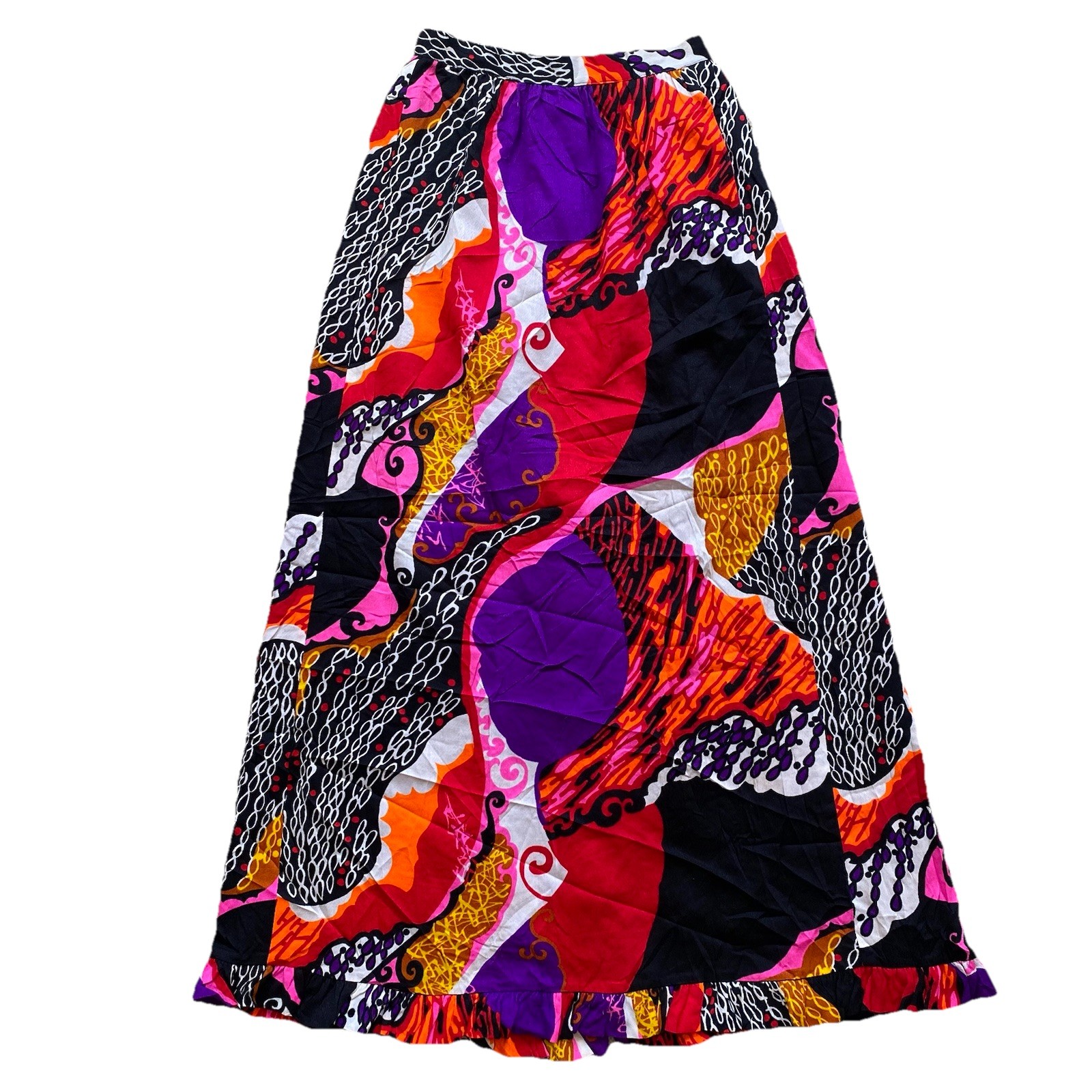 Vintage 70s Barkcloth Maxi Wrap Skirt Pink Purple Psychedelic 26 Waist Ruffle