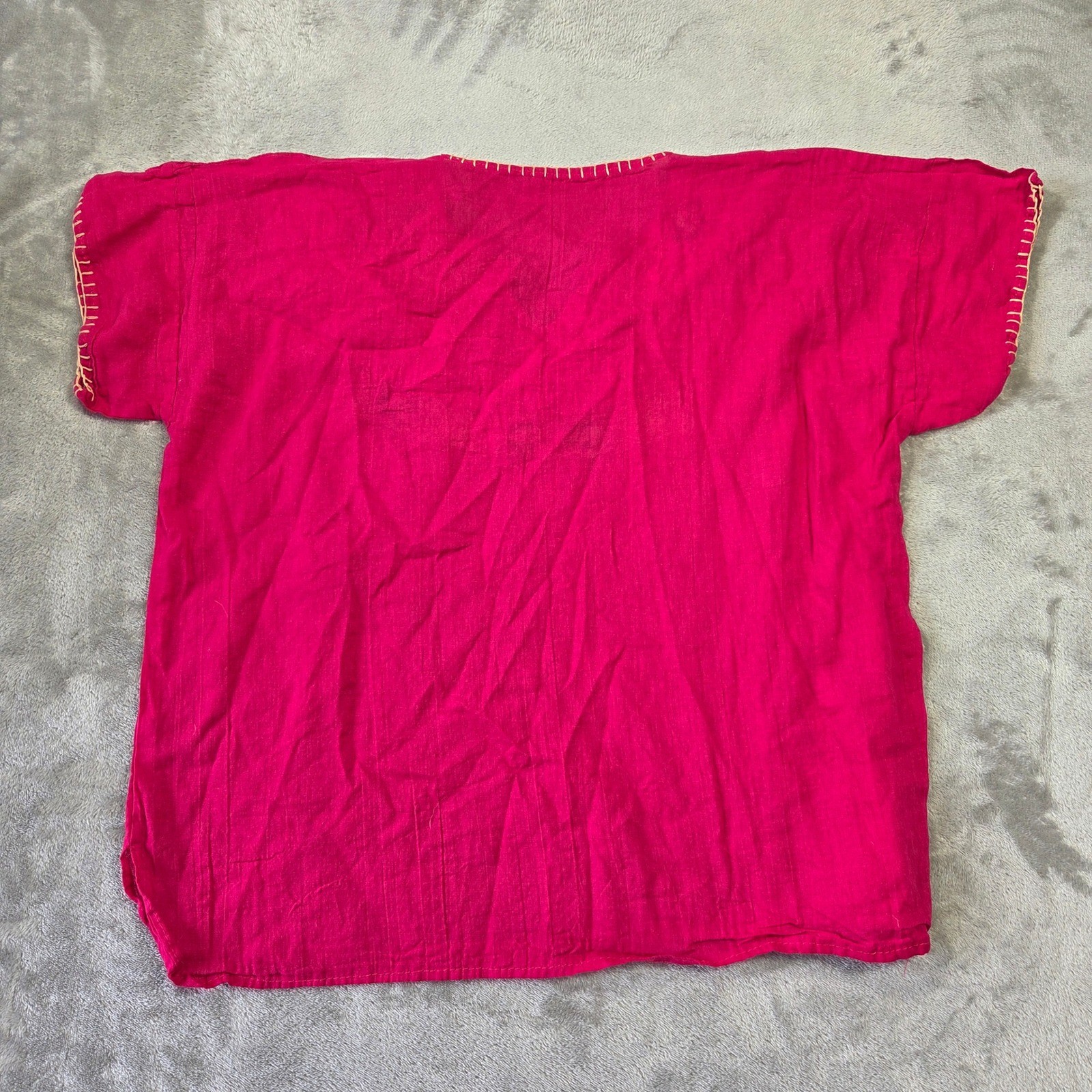 Vintage Mexican Peasant Blouse Hot Pink Hand Embroidered Huipil Boho Top Large
