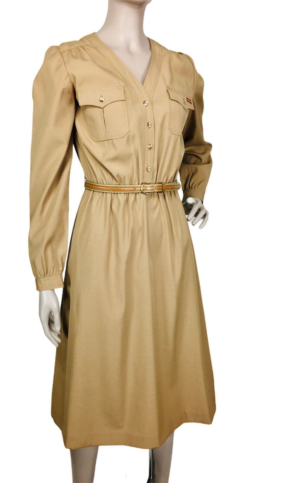 VTG 70&rsquo;s SASSON Tan Belted Button-Front Rockabilly Western Cowgirl Dress S/M
