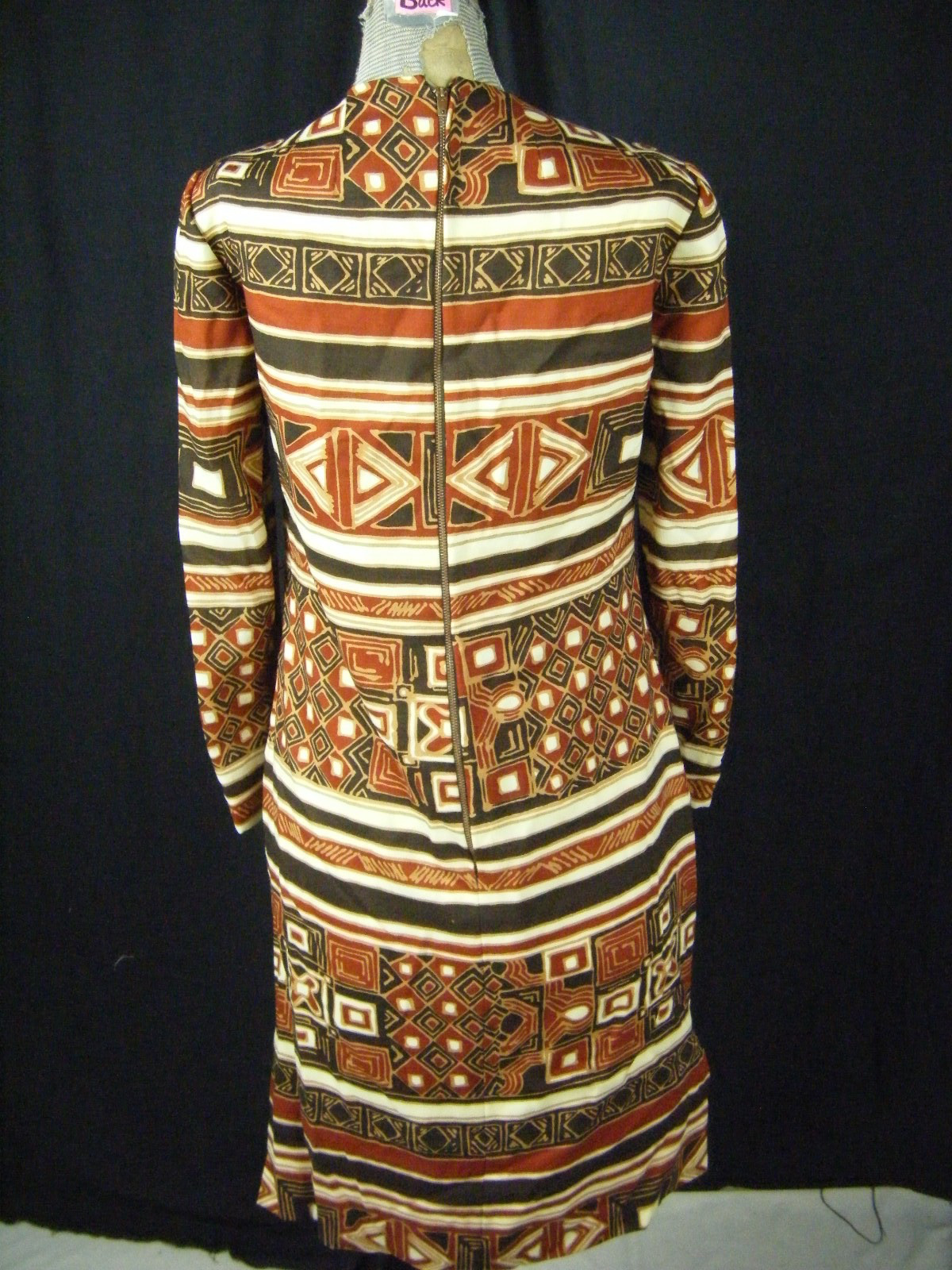 ADELE SIMPSON Vtg 60s Designer Brown Mod Printed Sheath Dress- Bust 36/XS