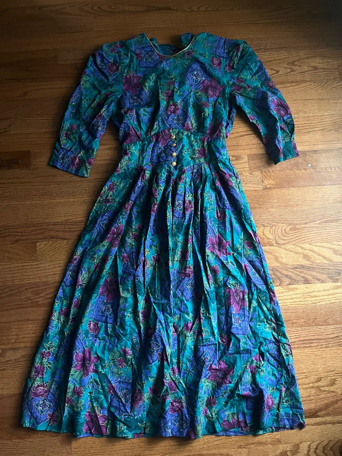 Vtg 80s Miss Dorby Green Purple Floral Secretary Tea Dress Gold Foil Trim 8