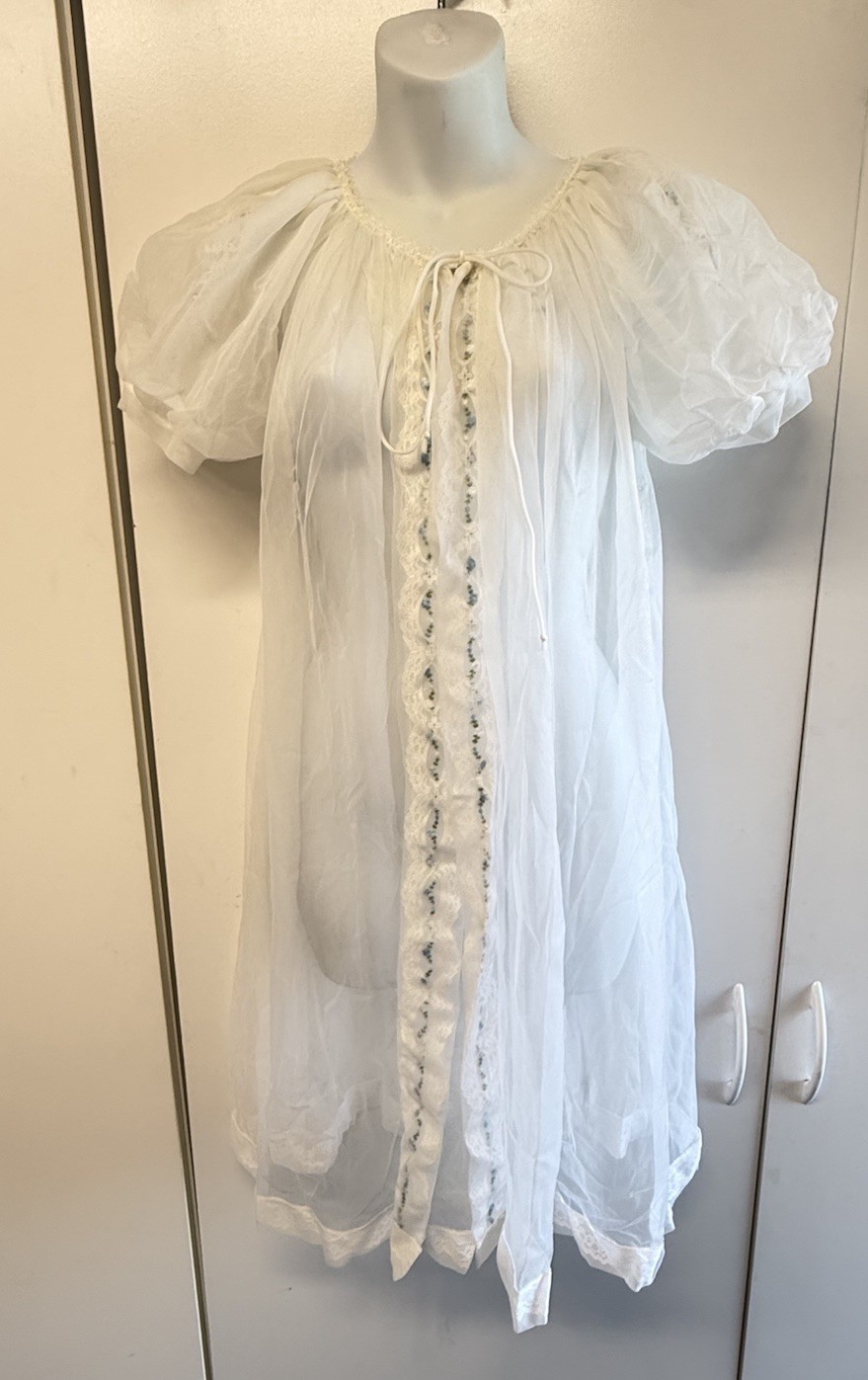Vtg 50s Miss Elaine White Lace Chiffon Nylon Nightgown Lingerie & Slippers Sz S