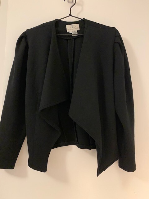 Vintage 1980s Flora Kung 100% Wool Knit Black Open Shawl Collar Jacket Size 6
