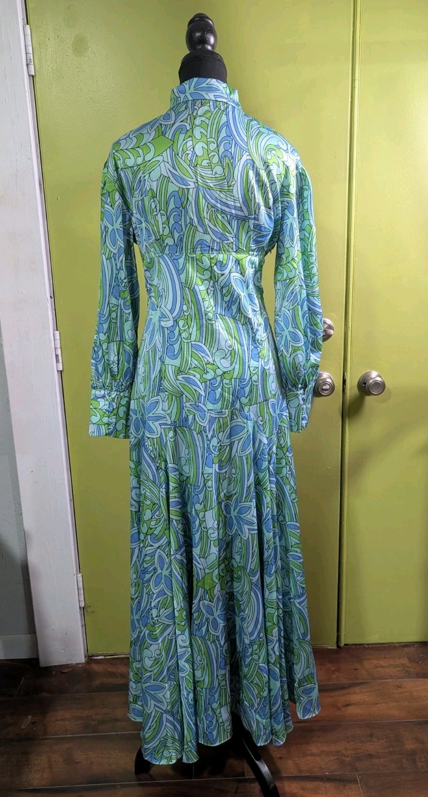 Modern Retro Psychedelic Maxi Dress Blue Green Mod Boho Hostess Medium