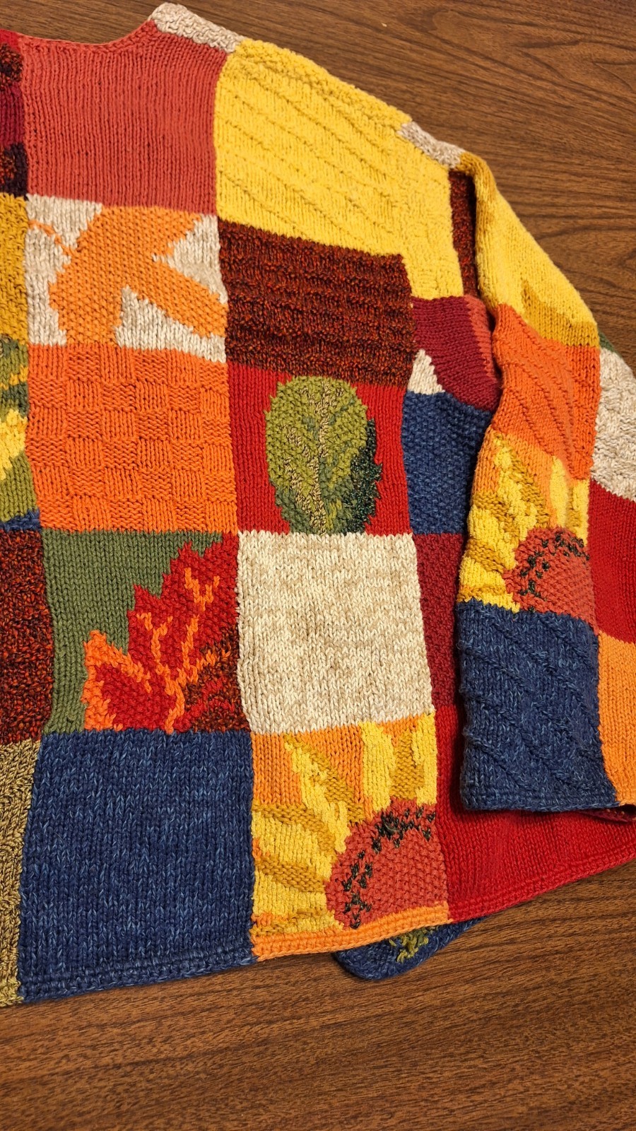 1990s Susan Bristol Patchwork Fall Apples Leaves Sunflower Rainbow Cardigan XL
