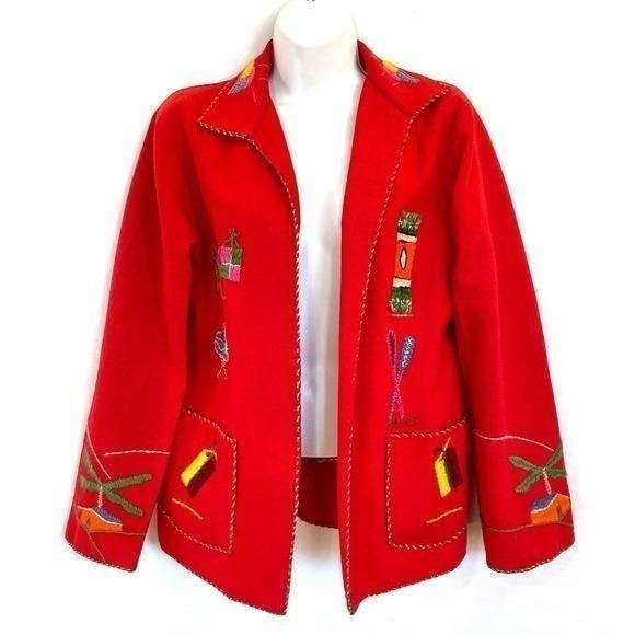 Vintage 1940s 1950s Mexican Wool Felt Jacket Red Embroidered Womens S