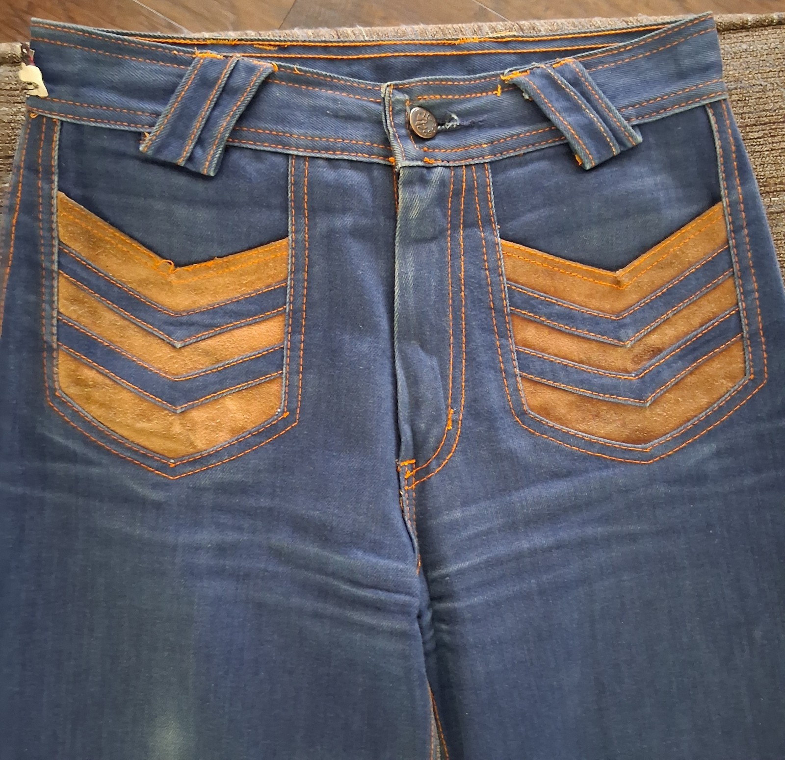 Rare VTG 70s Pierre De France Bell Bottom Jeans Suede Chevron Disco Pants 28×29