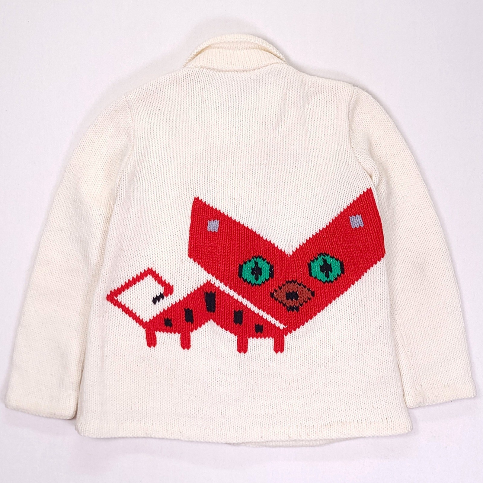 Handmade Vintage Abstract Cat Intarsia Knit Cardigan Sweater Cream Large OOAK