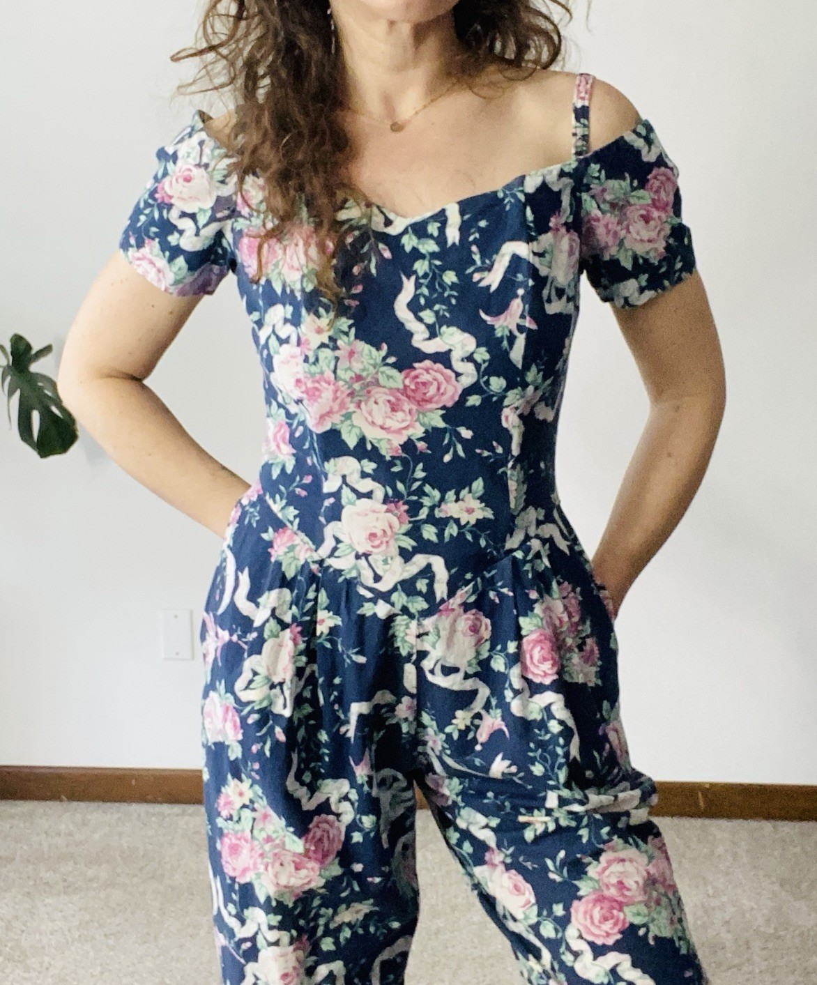 VINTAGE BENSON & SMITH Floral Off Shoulder Jumpsuit Size Small Petite 80s 90s