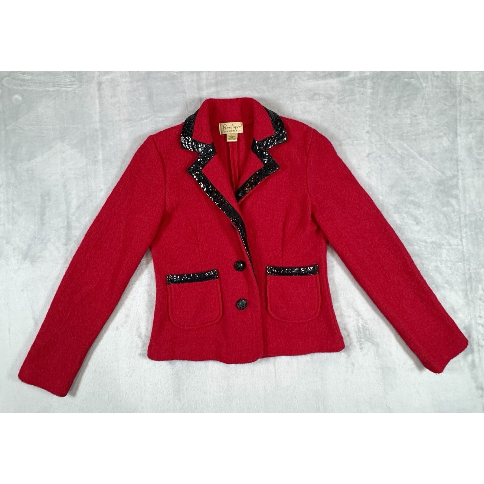 Vintage 1980s Red Wool Jacket Black Leather Trim Boutique Essentials Small
