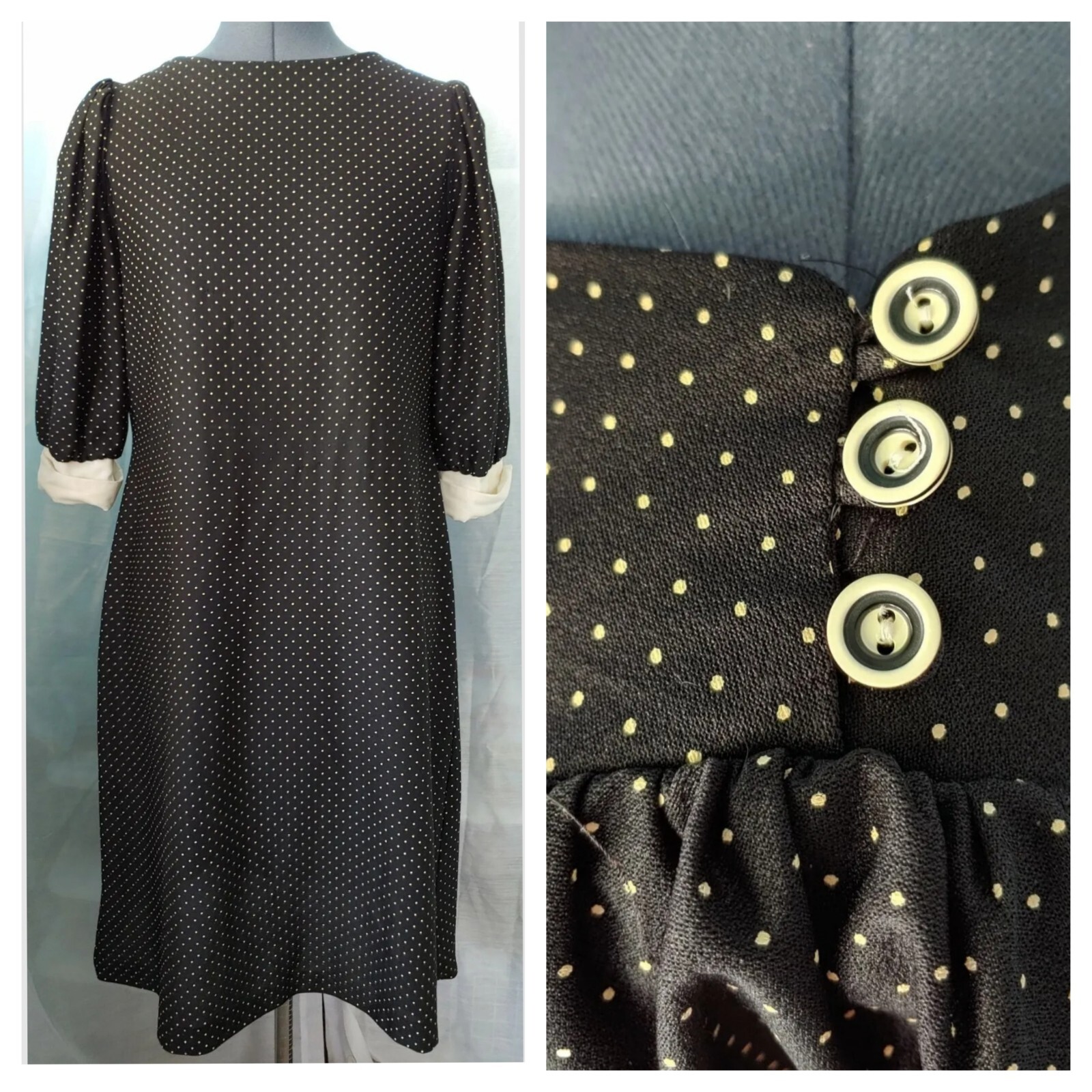 Vintage Mr Joe Black Dress with Cream Polka Dots, Collar & Cuffs 38&Prime; Bust Sz MD?