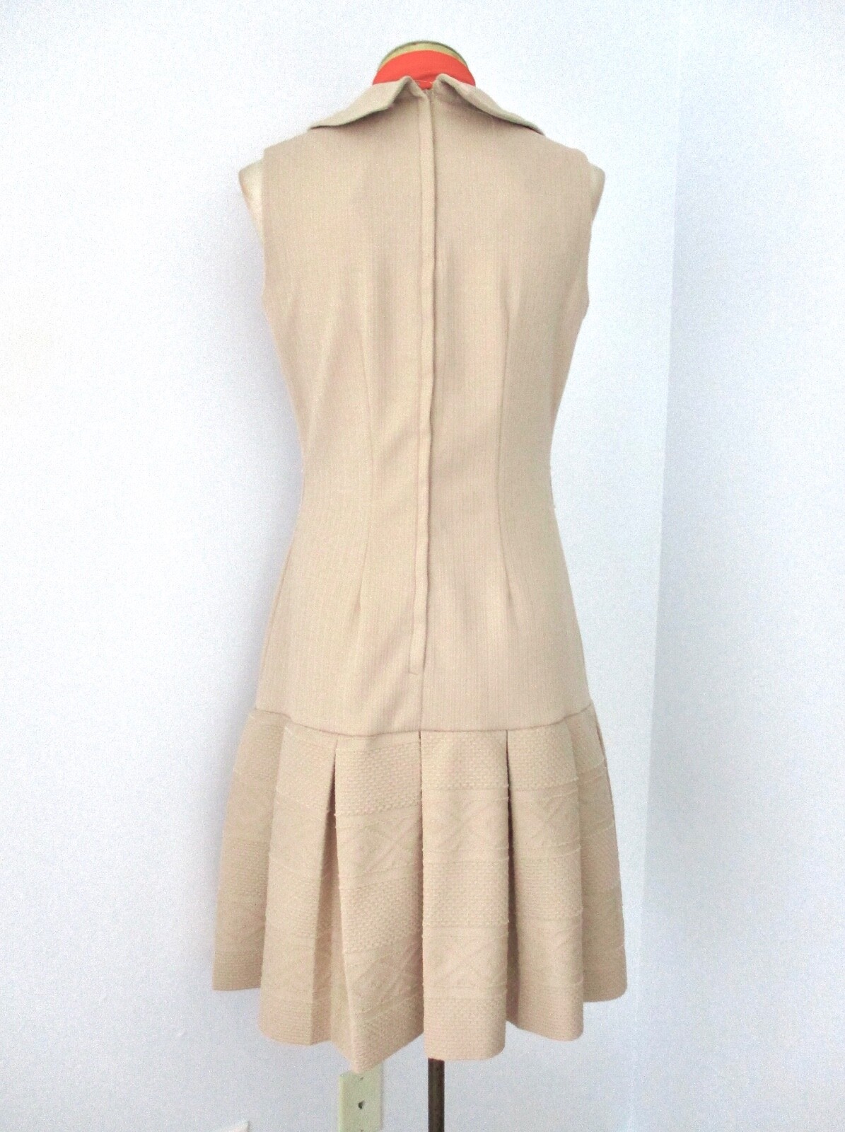 Vtg 60s 70s Mod Beige Poly Knit 2-Pc Drop Waist Dress Jacket Secretary Suit 12