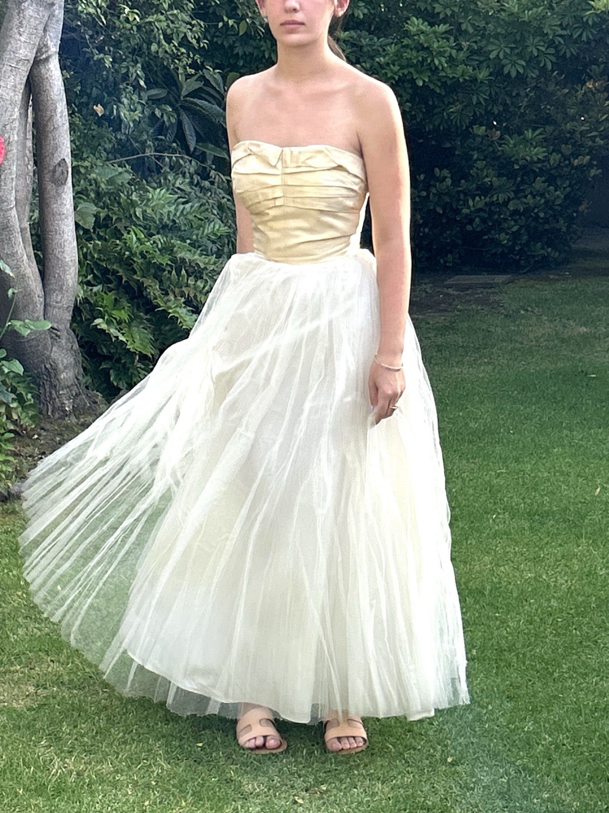 Vintage 50s S Strapless cotillion party Prom dress long Ivory Tulle