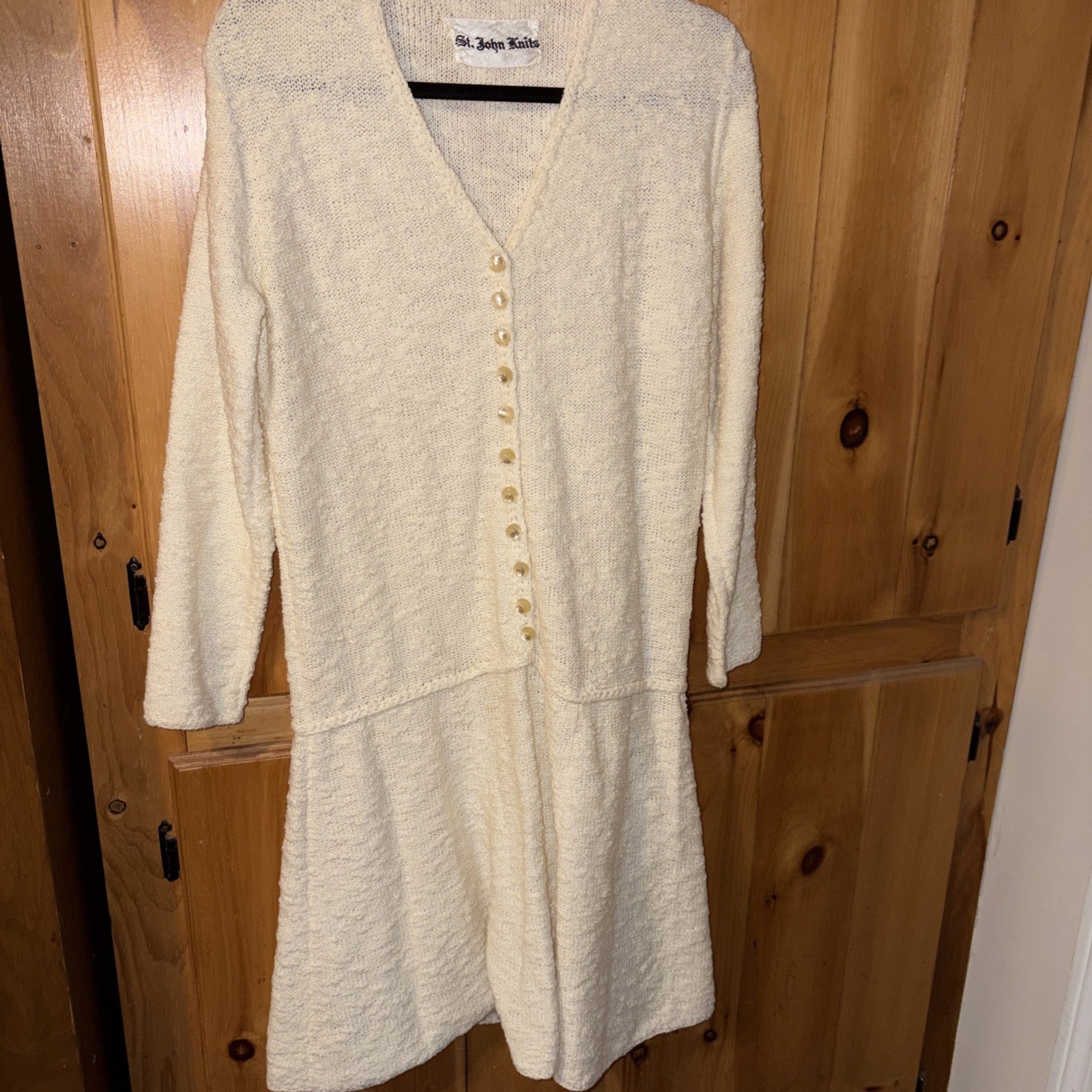 Vintage St John Knits Dress Sweater Set Size S/M 70s Creamy Beige Crocheted