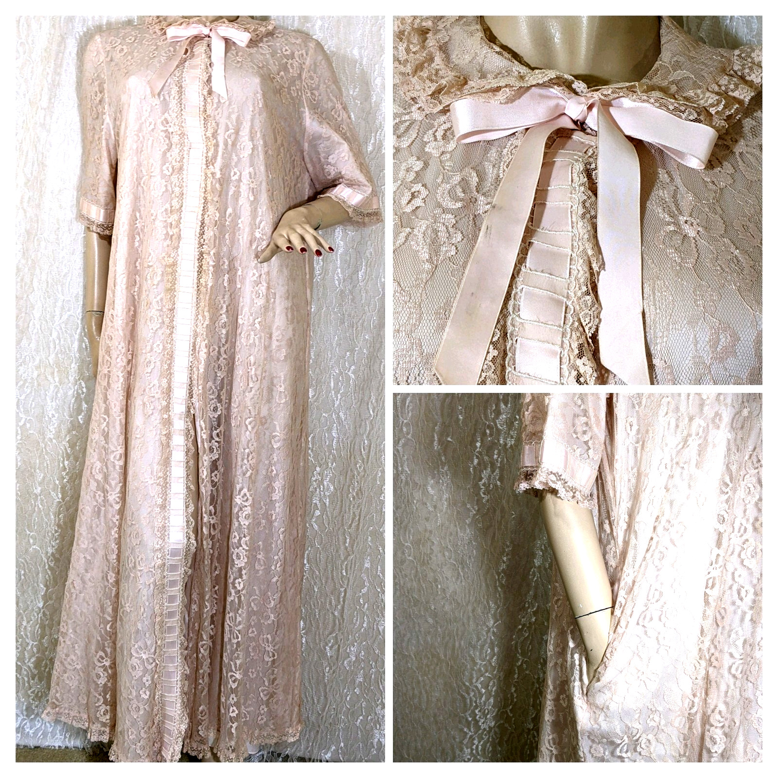Vintage Odette Barsa Lined Pink Lace Overlay Lingerie Long Dressing Gown Robe L