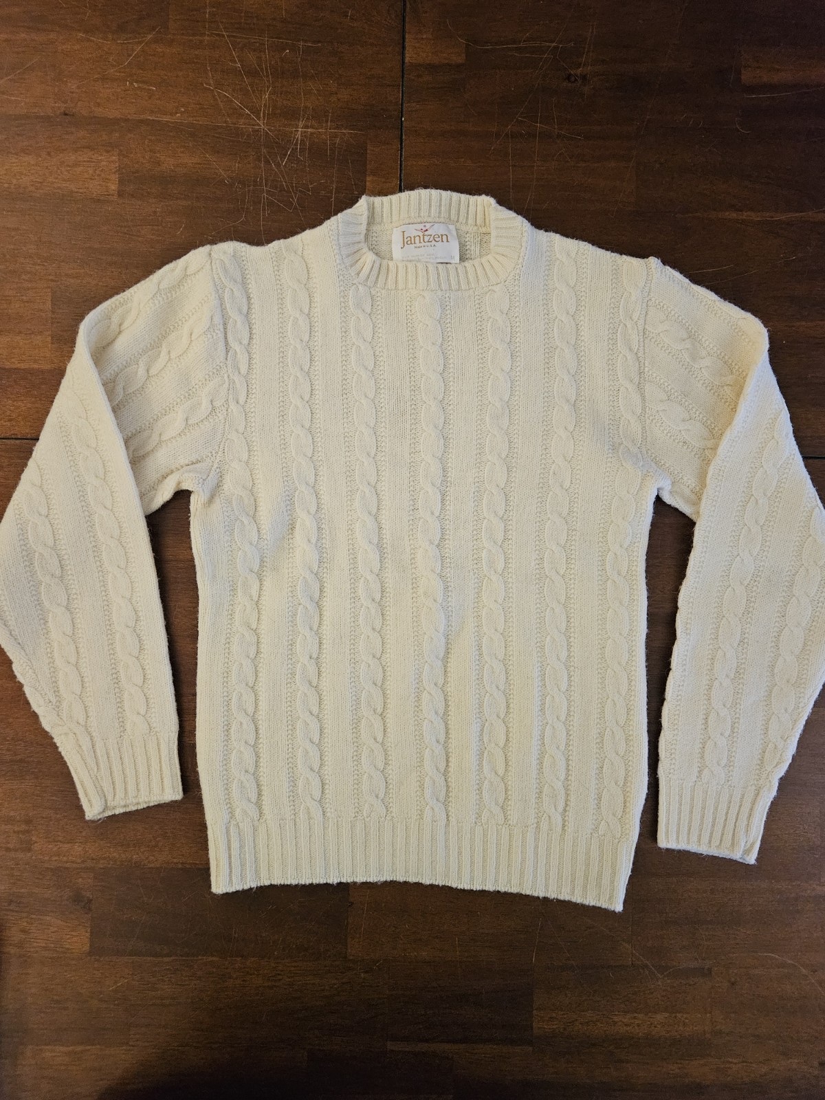 Vintage Jantzen Sweater Cable Knit Crew Neck Pullover Cream Off-White Medium USA