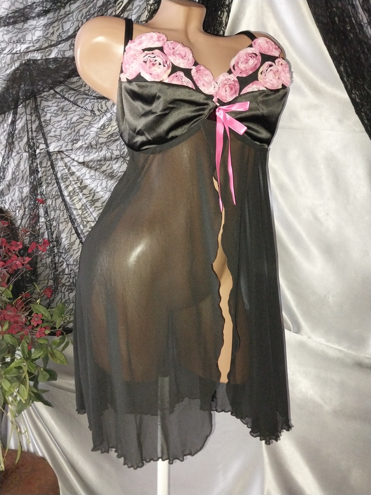 VTG SILKY FRILLY FRU FRU SISSY BABYDOLL NIGHTGOWN GOWN SHEER 44/46&Prime; XXL