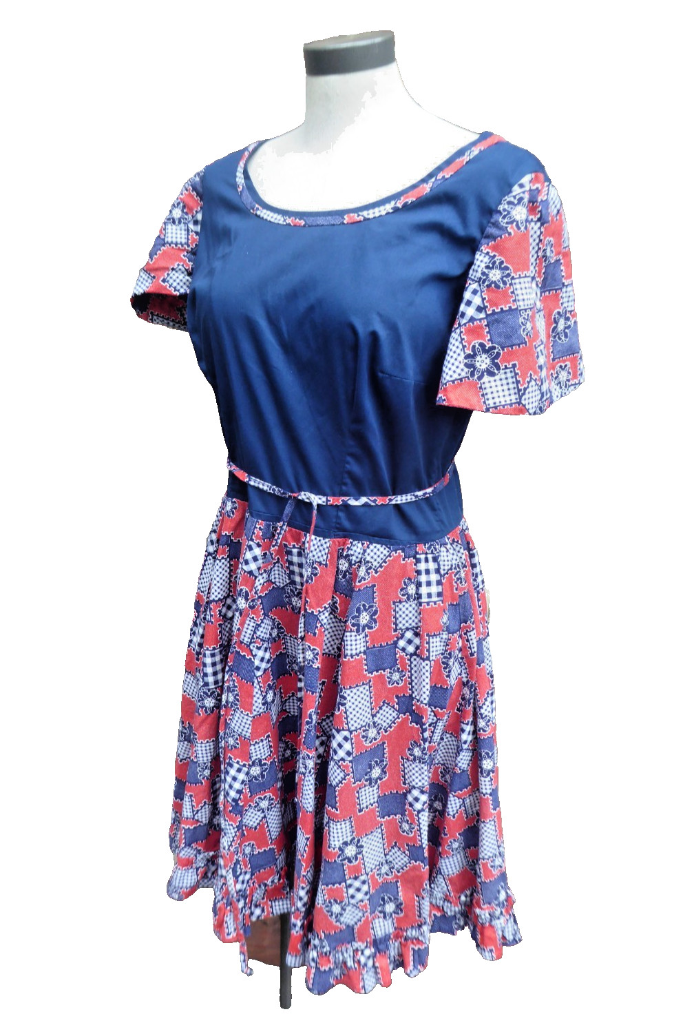 Vtg 70s Patchwork Quilt Print Dress Handmade Tulip Sleeve Patriotic Prairie Med.