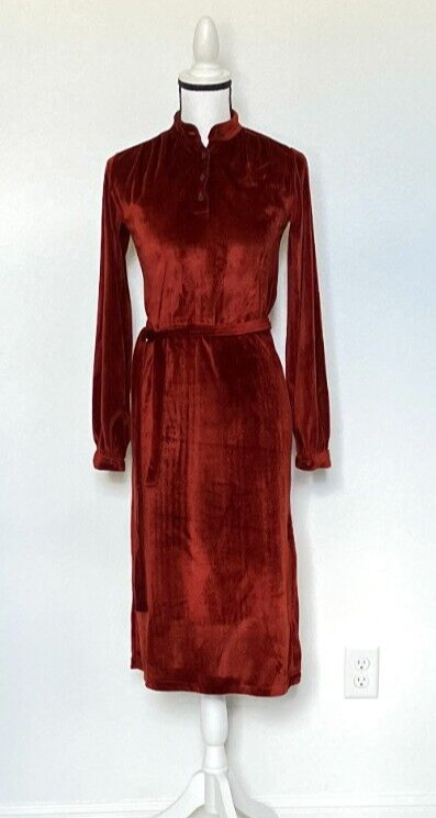 1970s Copper Velour Belted Dress, Vtg Rust Orange Dress with Belt