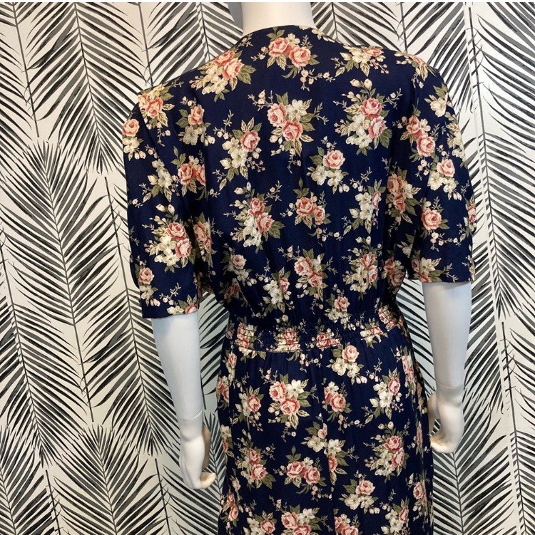 Vintage 1980’s Dark Floral Rose Print Midi Dress, Navy Blue and Pink, Size 12
