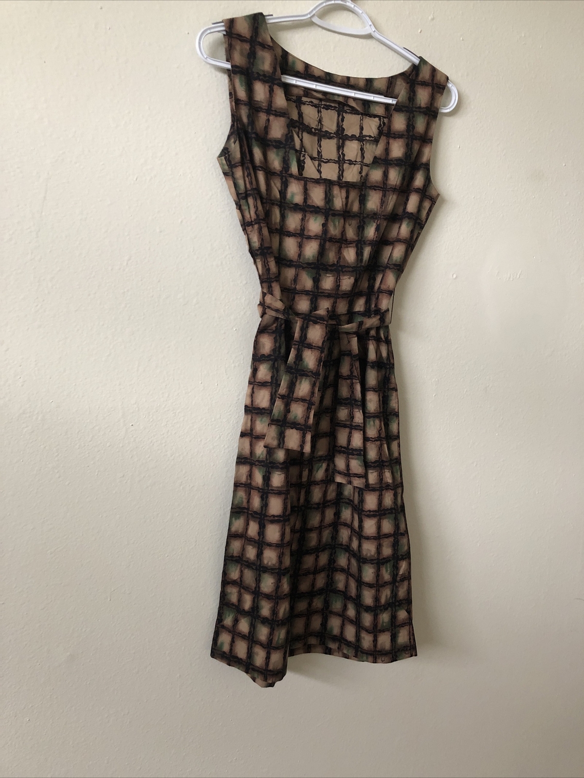 VTG 1950s 3pc Cotton Dress Set Brown Green Black Print Size S/M New Old Stock