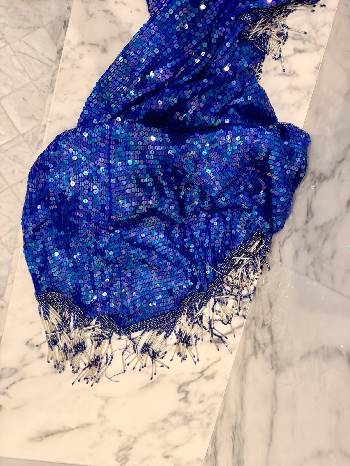 Vintage Laurence Kazar Blue Sequin Beaded Silk Cocktail Dress Fringe Art Deco M