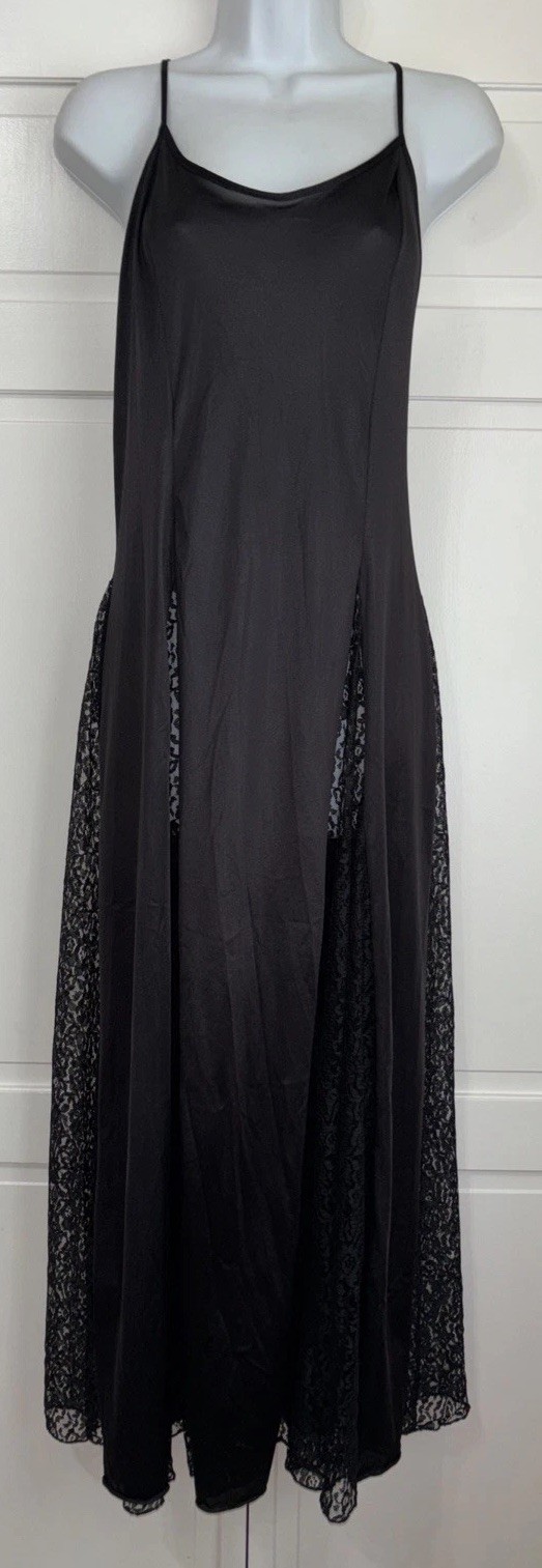 Vintage Petra Fashions Black Long Nylon Slip Nightgown Full Sweep Lace Panels XL